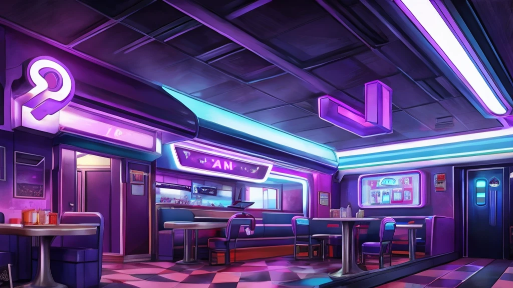 Diner with a giant M on top releasing smoke through the chimney in a more futuristic style carton with purple lights