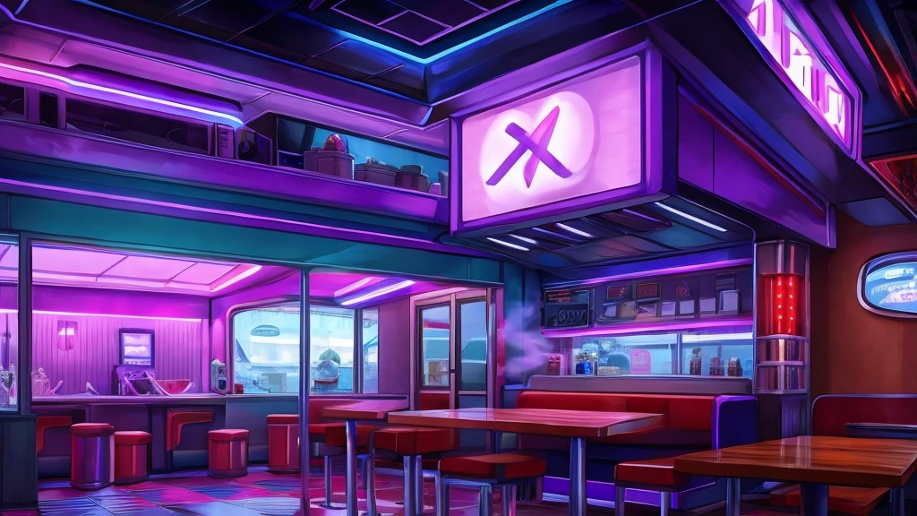 Diner with a giant M on top releasing smoke through the chimney in a more futuristic style carton with purple lights