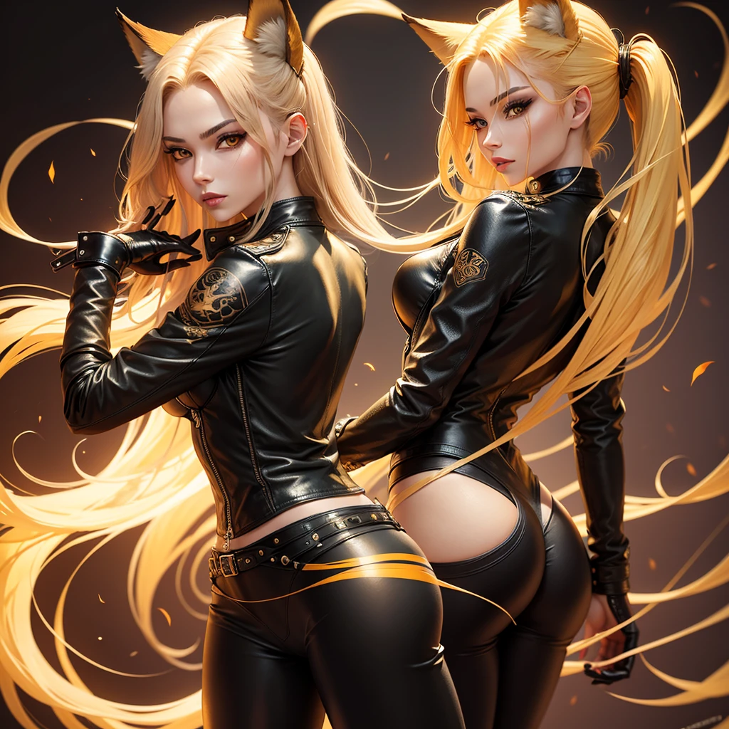 a woman, a short leather jacket and tight leather pants, golden eyes with 2 golden katanas, but long and locks of her golden hair, golden eyes, and I have a demon tattoo on her back, shiny golden color, and a fox tattoo on her back. Her back is golden, she has black lips and long eyelashes.