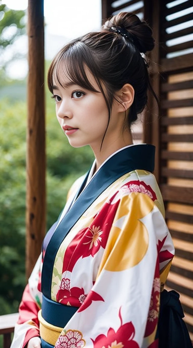 A woman wearing Japanese formal attire kimono Dark brown hair、明るい茶色の目 超高解像度 長い髪 kimono 超高解像度 最高品質 全身 松竹梅kimono The background is blurred