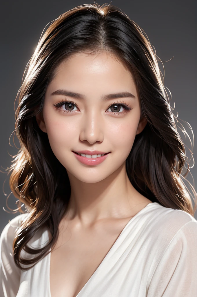 1 Woman, Half Body, ((Smile 1.6)), Curly Hair, Front, Face Close-up, High Resolution, Ultra Detailed, Clean Background, Highly Detailed CG Unity 8K Wallpaper, Realistic, Photorealistic, Original Photo, Beautiful Detailed Face, Pale Skin, Detailed Cloth Texture, Detailed Hair Texture, Beautiful Face, Anatomically Correct, Highly Detailed Face and Skin Texture, Natural Neck Length, (Fair Skin: 1.2), Single, Black Hair, Asian Female, 26 Years Old, Detailed Eyes, Cute Realistic Picture ((Smile 1.6｠