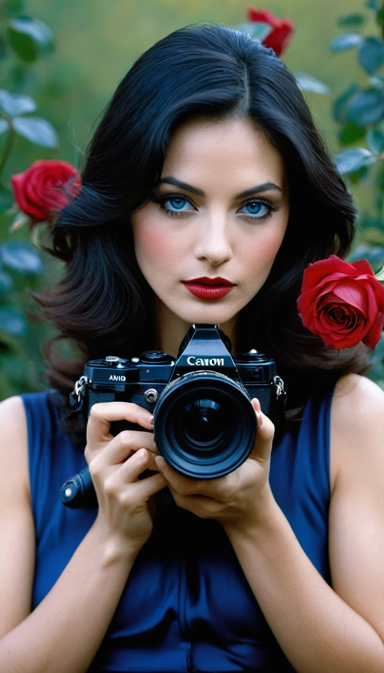 une femme aux yeux bleus, une peau impeccable, tir à moitié du corps, tenant une rose noire, style de photographie fantaisiste, capturé avec un appareil photo Arriflex 35BL utilisant des objectifs Canon K25, Cinématique, Éclairage dramatique, Extrêmement clair, masterpiece surréaliste à couper le souffle.
