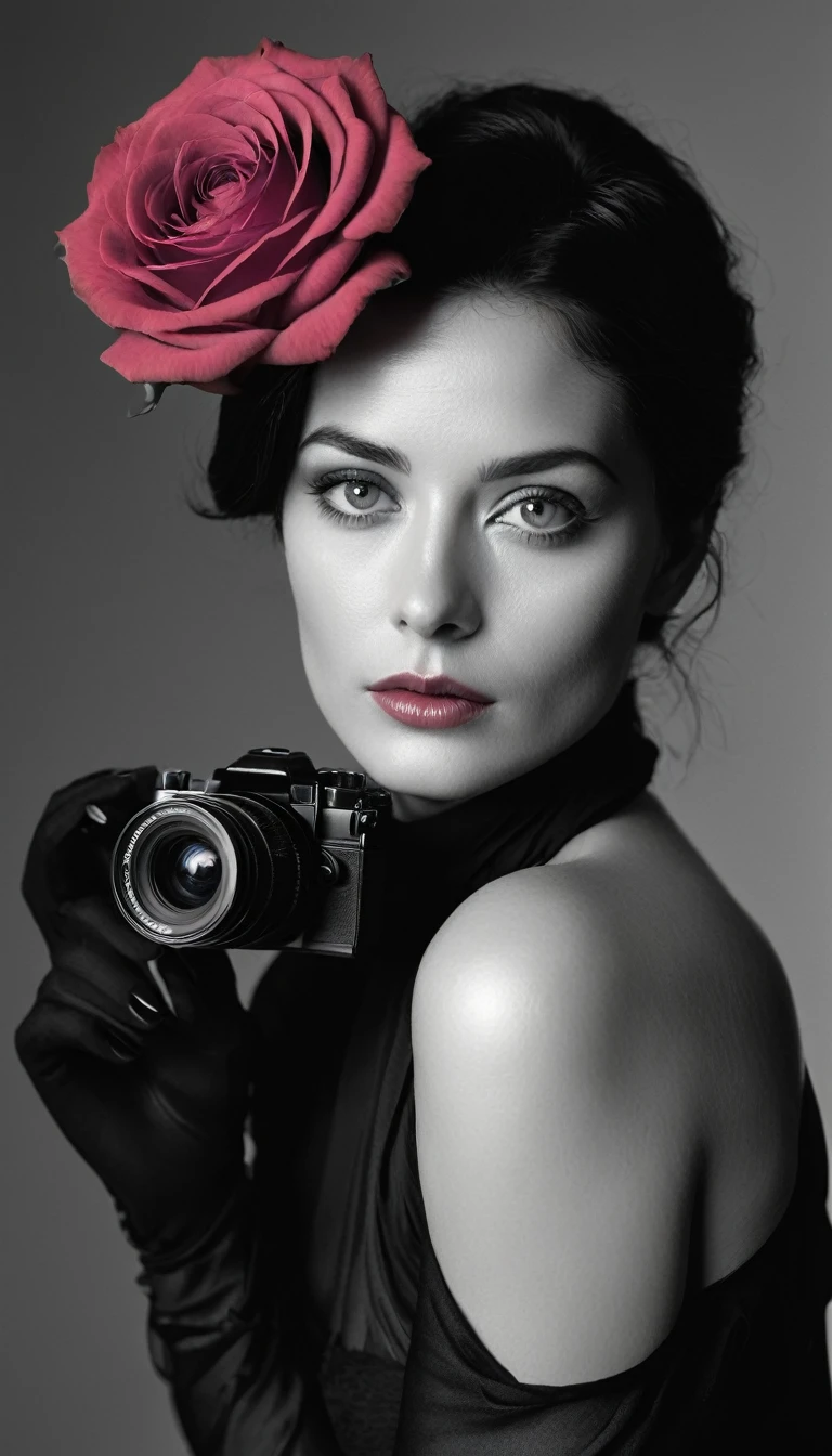 une femme aux yeux bleus, une peau impeccable, tir à moitié du corps, tenant une rose noire, style de photographie fantaisiste, capturé avec un appareil photo Arriflex 35BL utilisant des objectifs Canon K25, Cinématique, Éclairage dramatique, Extrêmement clair, masterpiece surréaliste à couper le souffle.
