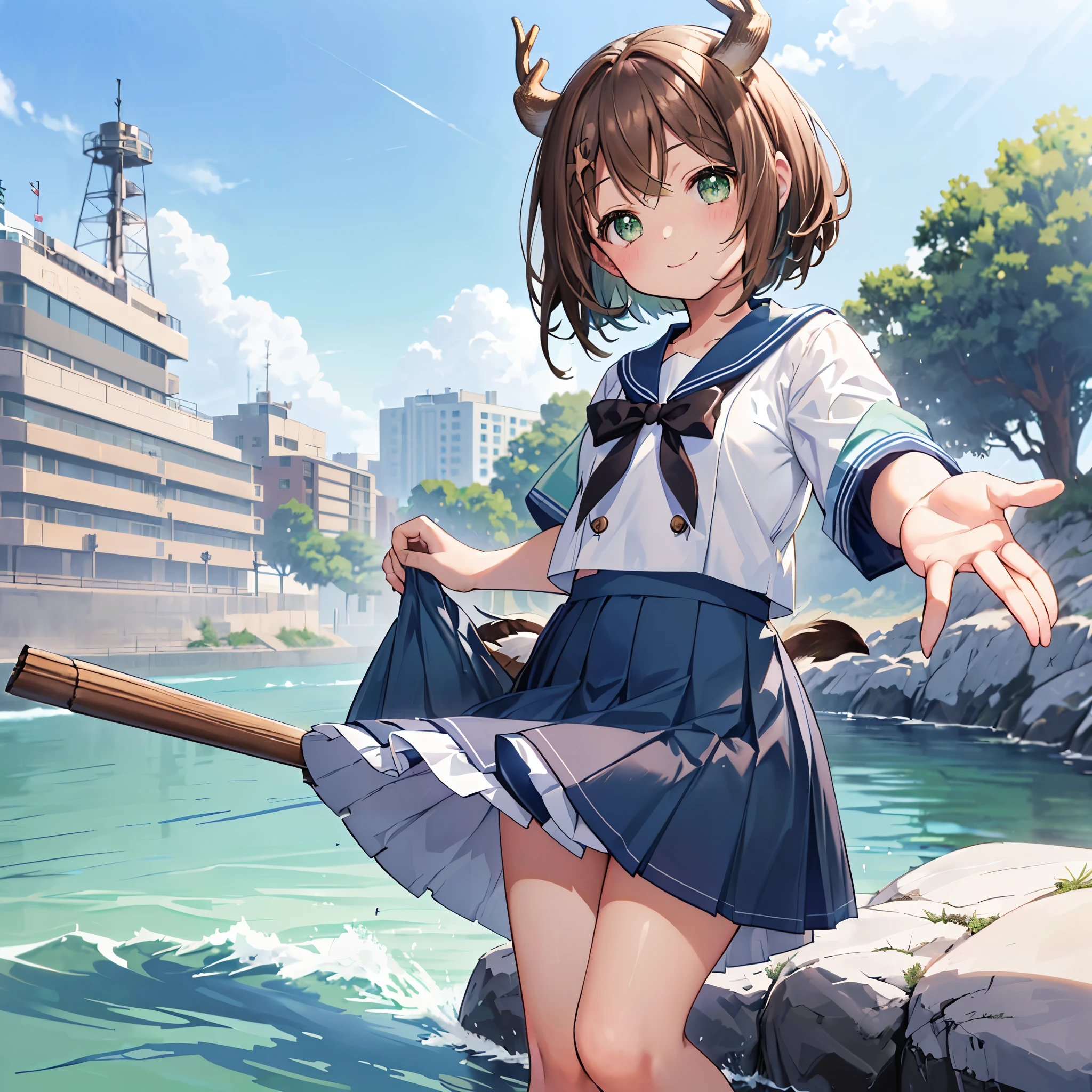 ((((Shikanoko　Brown Hair、Short Bob　Green Eyes　smile))))　(((Blue Sailor Suit、Blue ribbon　Navy Blue Skirt　Deer horn、Pop anime　(｀・ω・´))))　((In the city))　Shining Edges　Shining Background