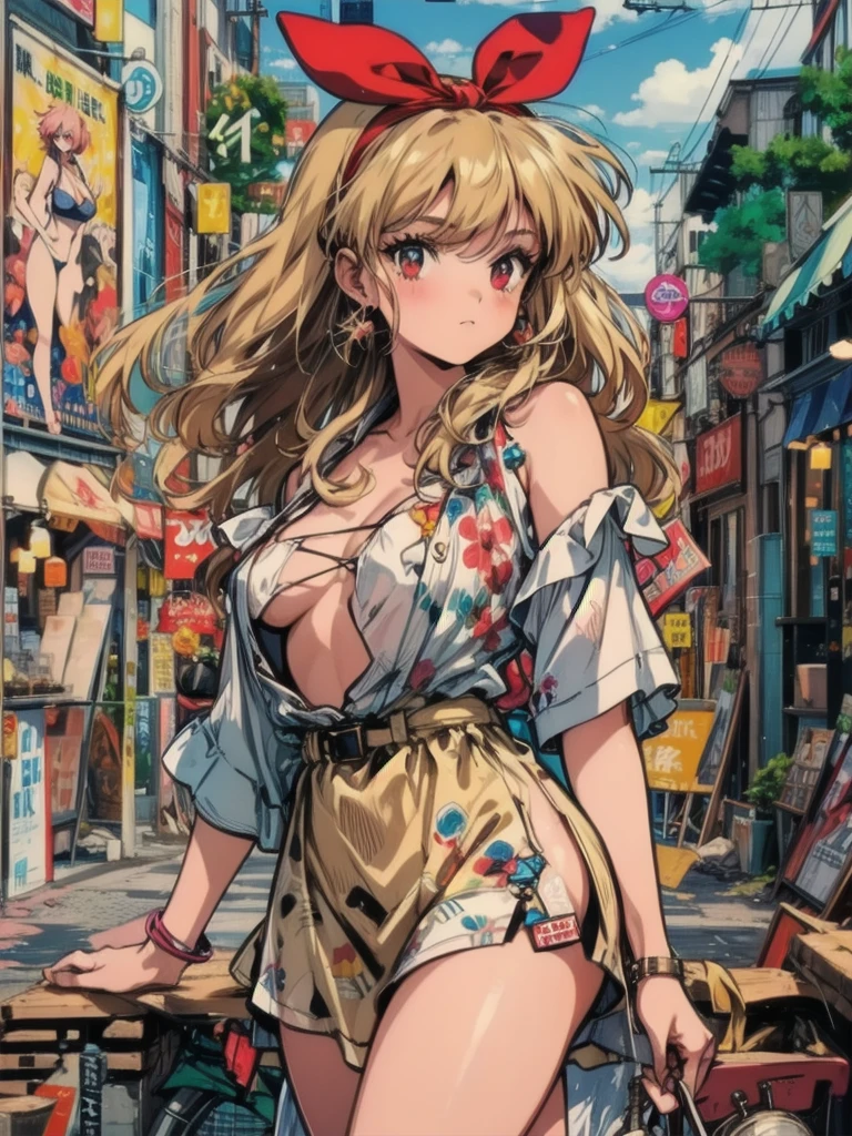 (RED Ribbon on HAIRband:1.2),(80's, retro, city pop poster:1.5), (album cover), (masterpiece, best quality), (anime, illustration), 
best photo pose, dynamic angle, cowboy shot,
girl, solo, 80 anime style, 19 year old Russian girl, blonde girl, shoulder height hair, Bangs, Smoking a cigarette, Wearing a white button-down shirt, short sleeves , and a red skirt, Warzone, Green eyes, large breasts, wide hips, perfect detail eyes, delicate face, RED eyes, blonde hair, hoshimiya ichigo