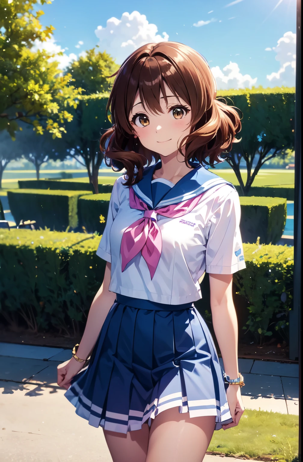 masterpiece、Ultra-precision,Kumiko Omae、Brown hair,Are standing、 High resolution, garden、alone, {You_Kumiko_Euphonium Sound:1.15}, Closed Mouth、茶色のhair, short_hair, Brown eyes,Beautiful thighs, Pink neckerchief、White shirt、Seraphim、Absolute reference to the center、Light blue uniform、Light blue skirt、Laughter,High 、4Ｋ，8Ｋ,(Genuine、Genuine志向、写真Genuine志向：1.5）、High resolution、超High resolution、ultra high definition paintings、whole body、Cowboy Shot