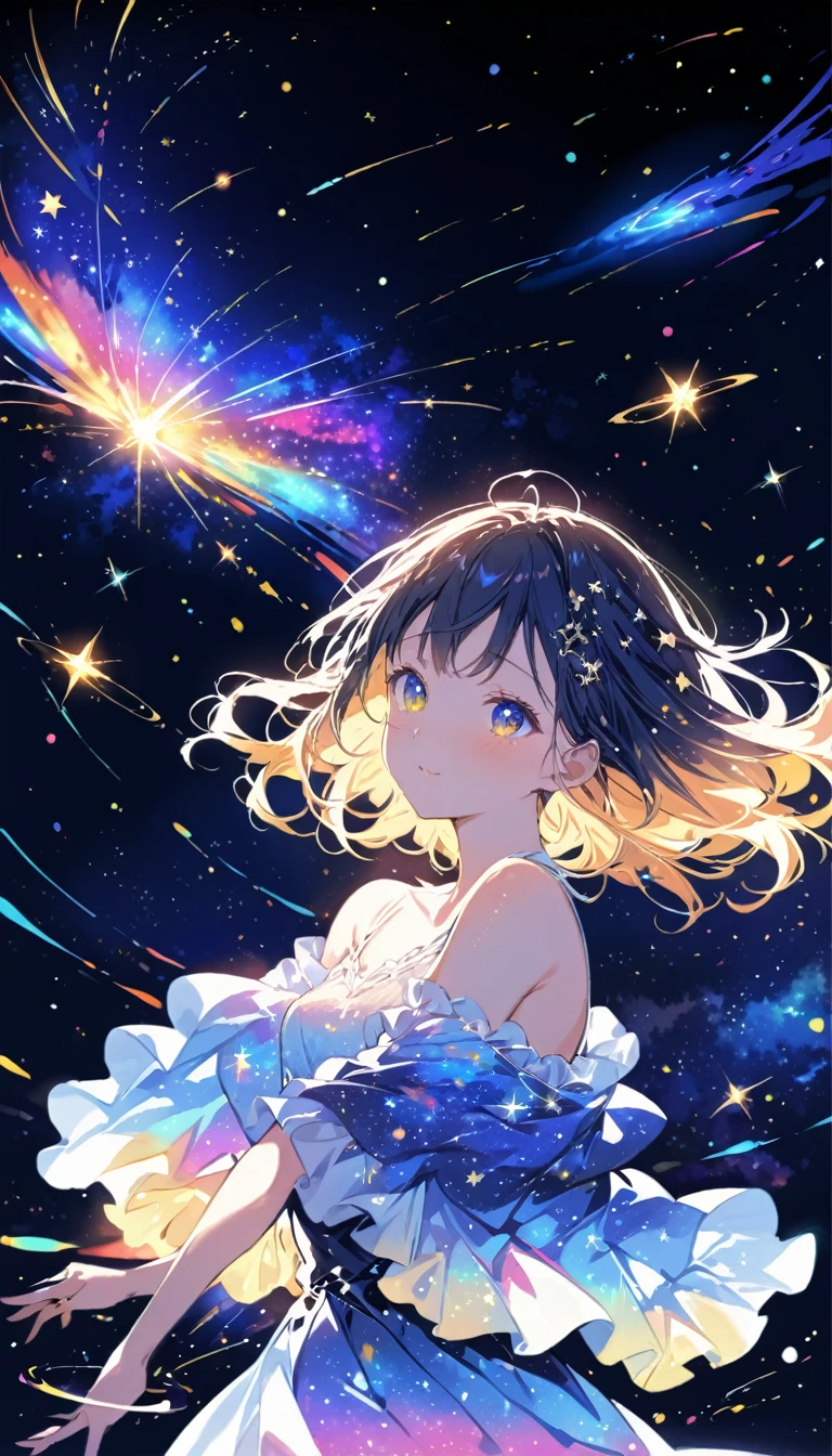 Attention to detail, Super Detail, Ultra-high resolution, A girl having fun in a dream galaxy, Surrounded by stars, The warm light that shines on her, The background depicts a starry sky with colorful galaxies and galactic clouds, The stars fly around her, Delicate face, Add some fun ,
