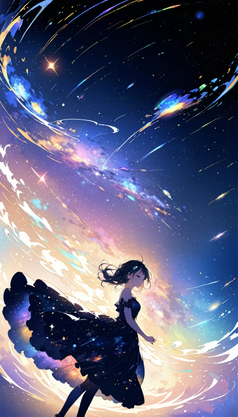 Attention to detail, Super Detail, Ultra-high resolution, A girl having fun in a dream galaxy, Surrounded by stars, The warm light that shines on her, The background depicts a starry sky with colorful galaxies and galactic clouds, The stars fly around her, Delicate face, Add some fun ,