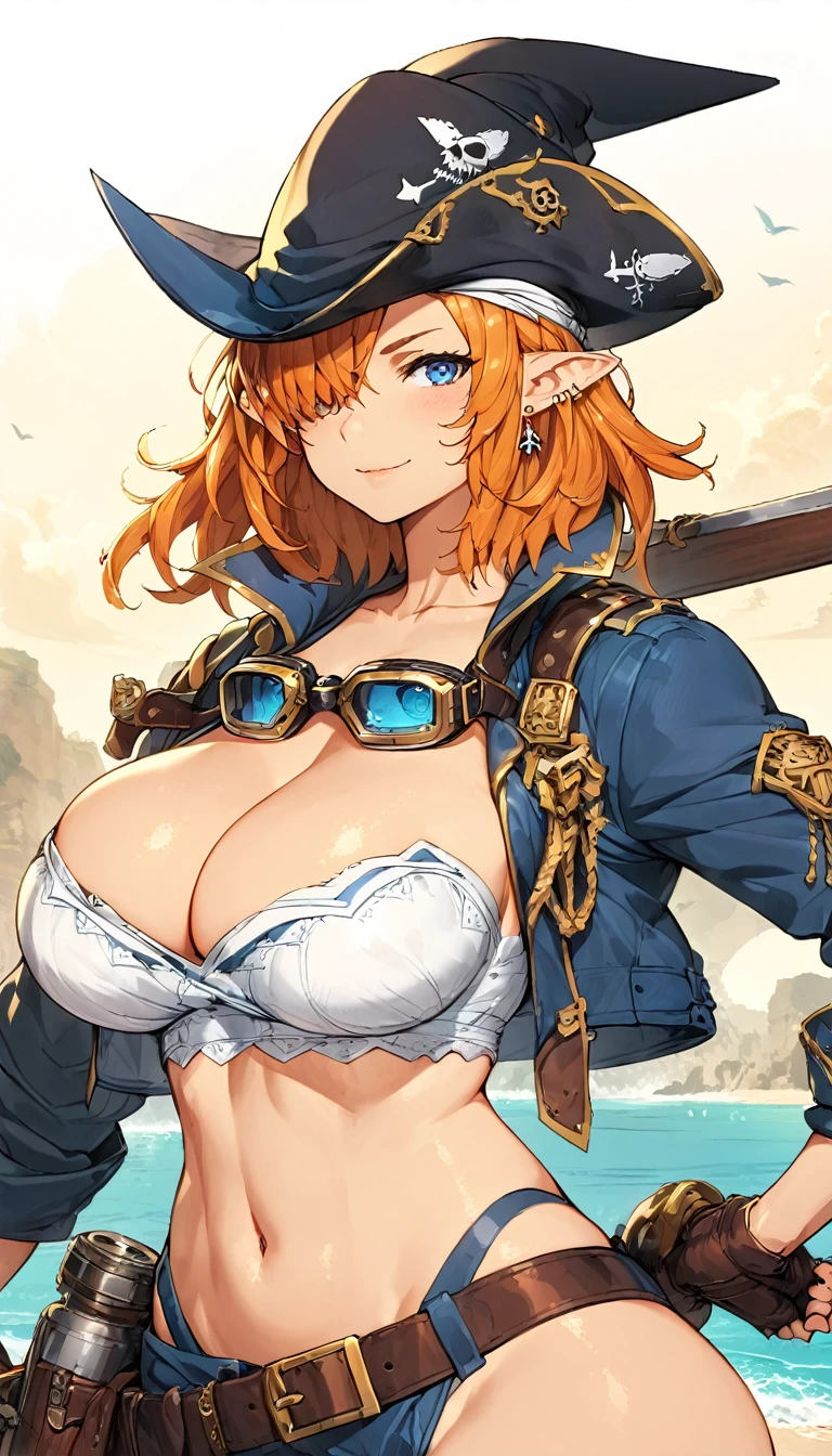 best quality,4k,8k, highres, masterpiece:1.2), ultra-detailed, extremely detailed eyes, extremely detailed body, (large masterpiece digital art), (detailed manga illustration), (detailed line art), ((perfect anatomy)), (intricate details:1.3), (ultra-detailed:1.3), (illustration:1.3), (sharp focus:1.3), (natural lighting:1.05), (vivid colors:1.3), (masterpiece), (best quality:1.4), (perfect anatomy:1.4), high quality, expressive eyes, full body, detailed face, beautiful face, perfect face, 1 girl, tall girl, breast, large breast, cleavage, detailed hair, medium hair, orange hair, hair over one eye, purple eyes, goggles around neck, (whale girl), fins, pointy ears, pirate, pirate hat, tricorne, earrings, ((yellow shirt)), crop top, cross-laced clothes, belt, wide smile, (sharp teeth), ((cropped jacket)), martial artist stance, (midriff), asymmetrical clothes, (asymmetrical pants), gloves, curvy, two-tone skin, black skin, jewelry, Intricate, High Detail, Sharp focus, dramatic, cinematic lighting, dramatic atmosphere, (((coastline background))), soft bokeh of beach, design sheet, consistent character, turnaround, concept,