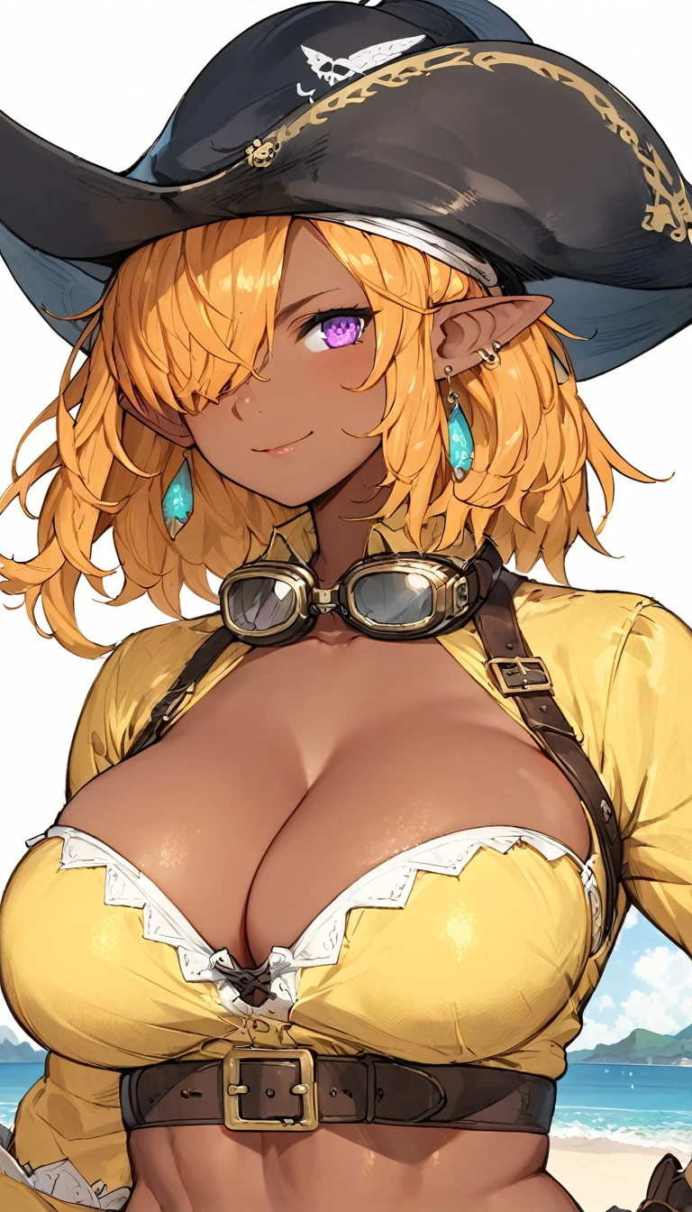 best quality,4k,8k, highres, masterpiece:1.2), ultra-detailed, extremely detailed eyes, extremely detailed body, (large masterpiece digital art), (detailed manga illustration), (detailed line art), ((perfect anatomy)), (intricate details:1.3), (ultra-detailed:1.3), (illustration:1.3), (sharp focus:1.3), (natural lighting:1.05), (vivid colors:1.3), (masterpiece), (best quality:1.4), (perfect anatomy:1.4), high quality, expressive eyes, full body, detailed face, beautiful face, perfect face, 1 girl, tall girl, breast, large breast, cleavage, detailed hair, medium hair, orange hair, hair over one eye, purple eyes, goggles around neck, (whale girl), fins, pointy ears, pirate, pirate hat, tricorne, earrings, ((yellow shirt)), crop top, cross-laced clothes, belt, wide smile, (sharp teeth), ((cropped jacket)), martial artist stance, (midriff), asymmetrical clothes, (asymmetrical pants), gloves, curvy, two-tone skin, black skin, jewelry, Intricate, High Detail, Sharp focus, dramatic, cinematic lighting, dramatic atmosphere, (((coastline background))), soft bokeh of beach, design sheet, consistent character, turnaround, concept,