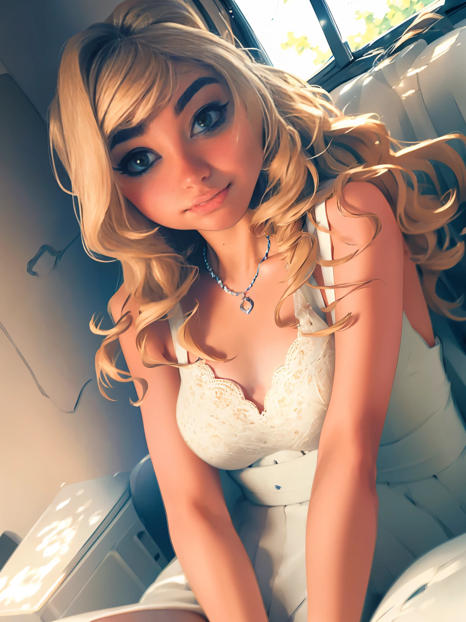 blond woman in white dress sitting in bed with a necklace on, in style of petra collins, petra collins, imogen poots, ( ( emma lindstrom ) ), sydney sweeney, natalia dyer, betty cooper, lofi girl aesthetic, imogen poots as holy paladin, ana de armas, ana de armas portrait, imogen poots paladin