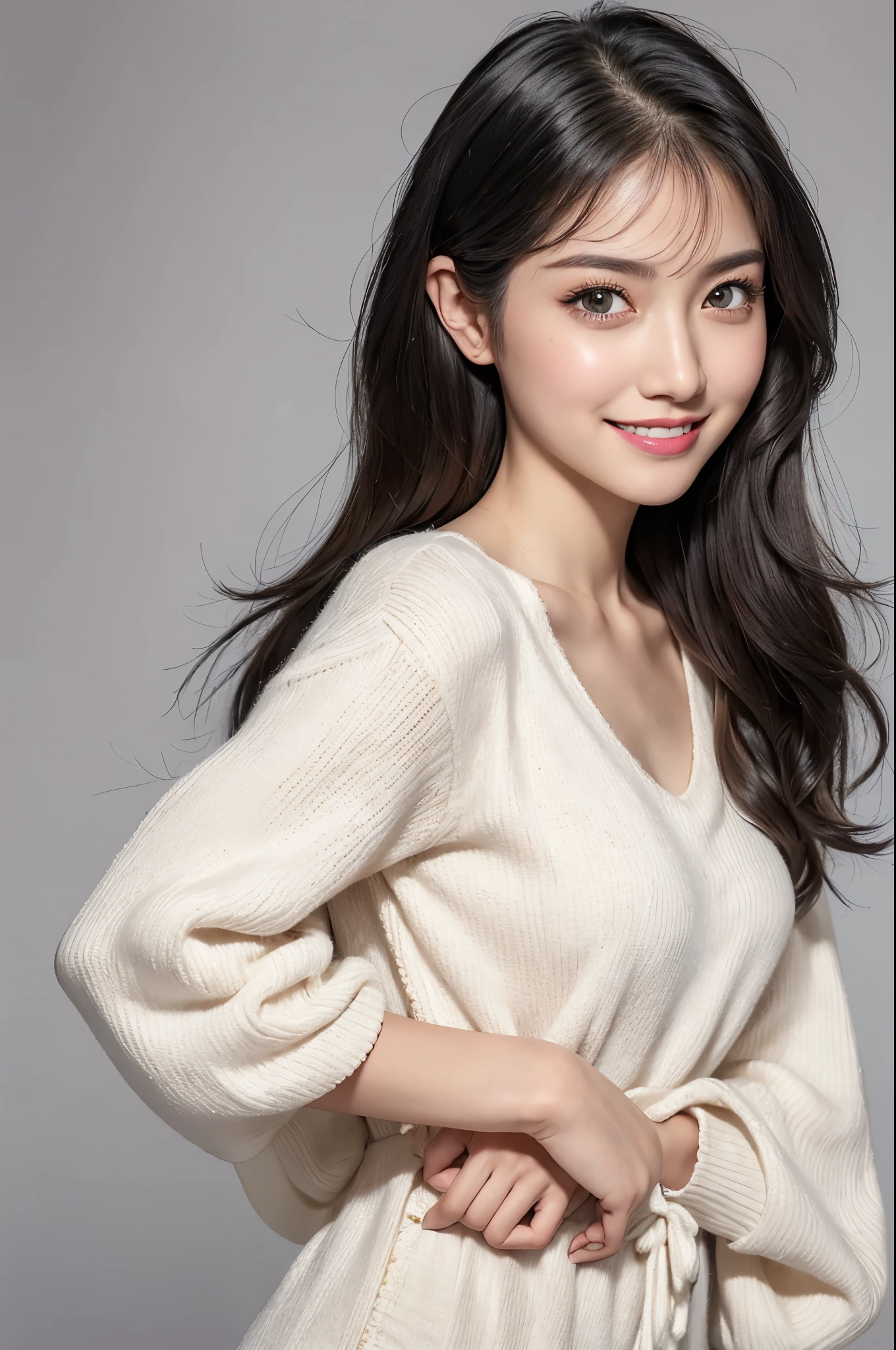 1 Woman, Half Body, ((Smile 1.6)), Curly Hair, Front, Face Close-up, High Resolution, Ultra Detailed, Clean Background, Highly Detailed CG Unity 8K Wallpaper, Realistic, Photorealistic, Original Photo, Beautiful Detailed Face, Pale Skin, Detailed Cloth Texture, Detailed Hair Texture, Beautiful Face, Anatomically Correct, Highly Detailed Face and Skin Texture, Natural Neck Length, (Fair Skin: 1.2), Single, Black Hair, Asian Female, 26 Years Old, Detailed Eyes, Cute Realistic Picture ((Smile 1.6｠