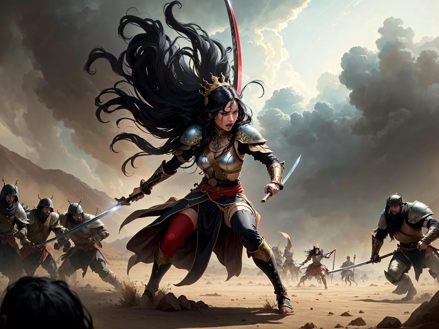 ((best quality)), ((masterpiece)), (detailed), A digital illustration of a furious queen fighting off crowd of monsters with a sword in a desert stormy setting. The woman has long black hair and is wearing traditional queen war attire.
