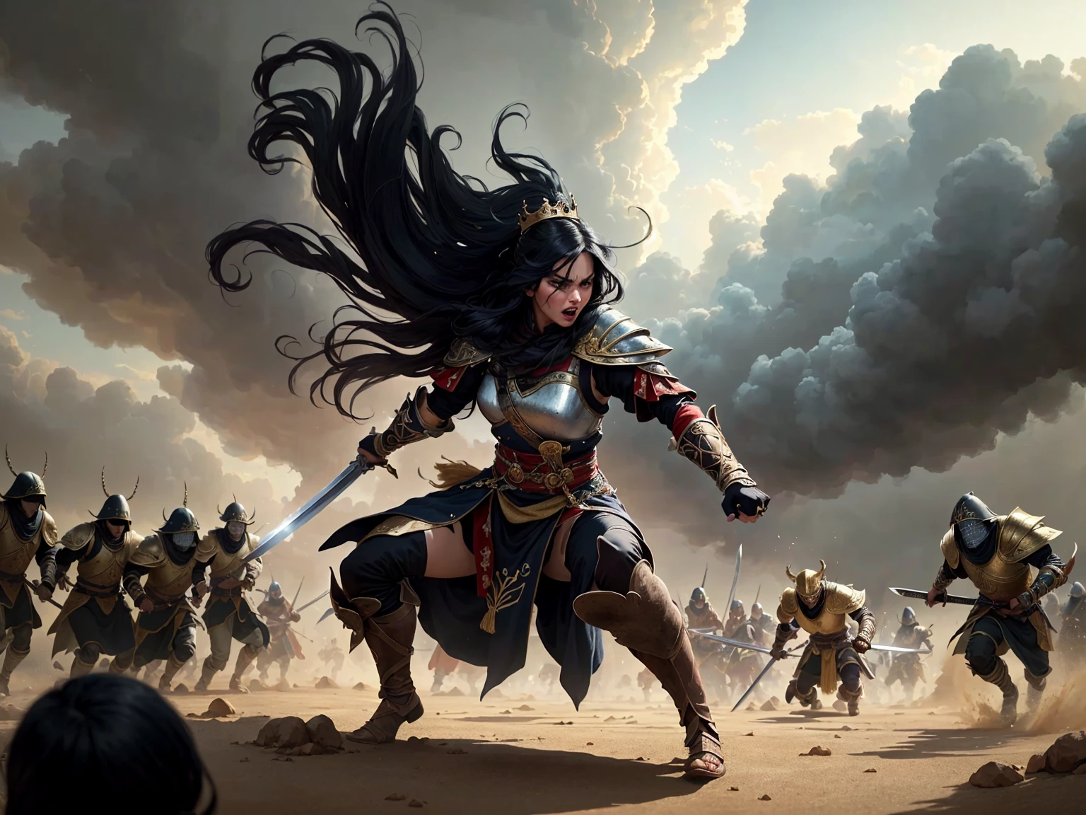 ((best quality)), ((masterpiece)), (detailed), A digital illustration of a furious queen fighting off crowd of monsters with a sword in a desert stormy setting. The woman has long black hair and is wearing traditional queen war attire. 