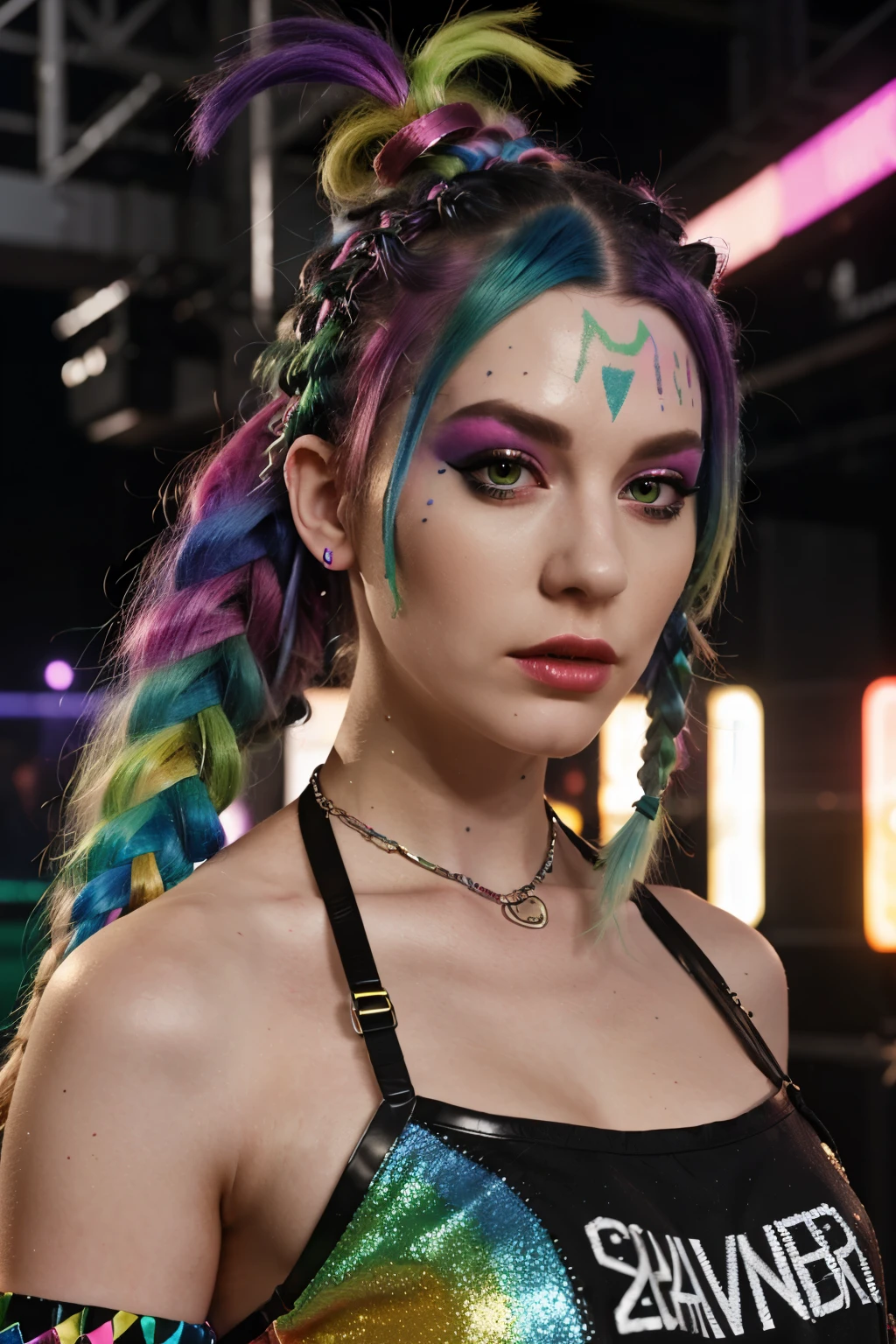 a close-up of a woman with green hair, wild raving outfit, raving outfit, wearing a punk outfit, raverizer girl, woman with rainbow hair, bold raving outfit, punk outfit, with rainbow hair sprouting, rainbow in the background, dressed in crustpunk clothing, long and shiny colored hair, second life avatar, colorful braid, cinematic lighting, wide shot, uhd, super detail, high details, high quality, best quality, highres, 8k