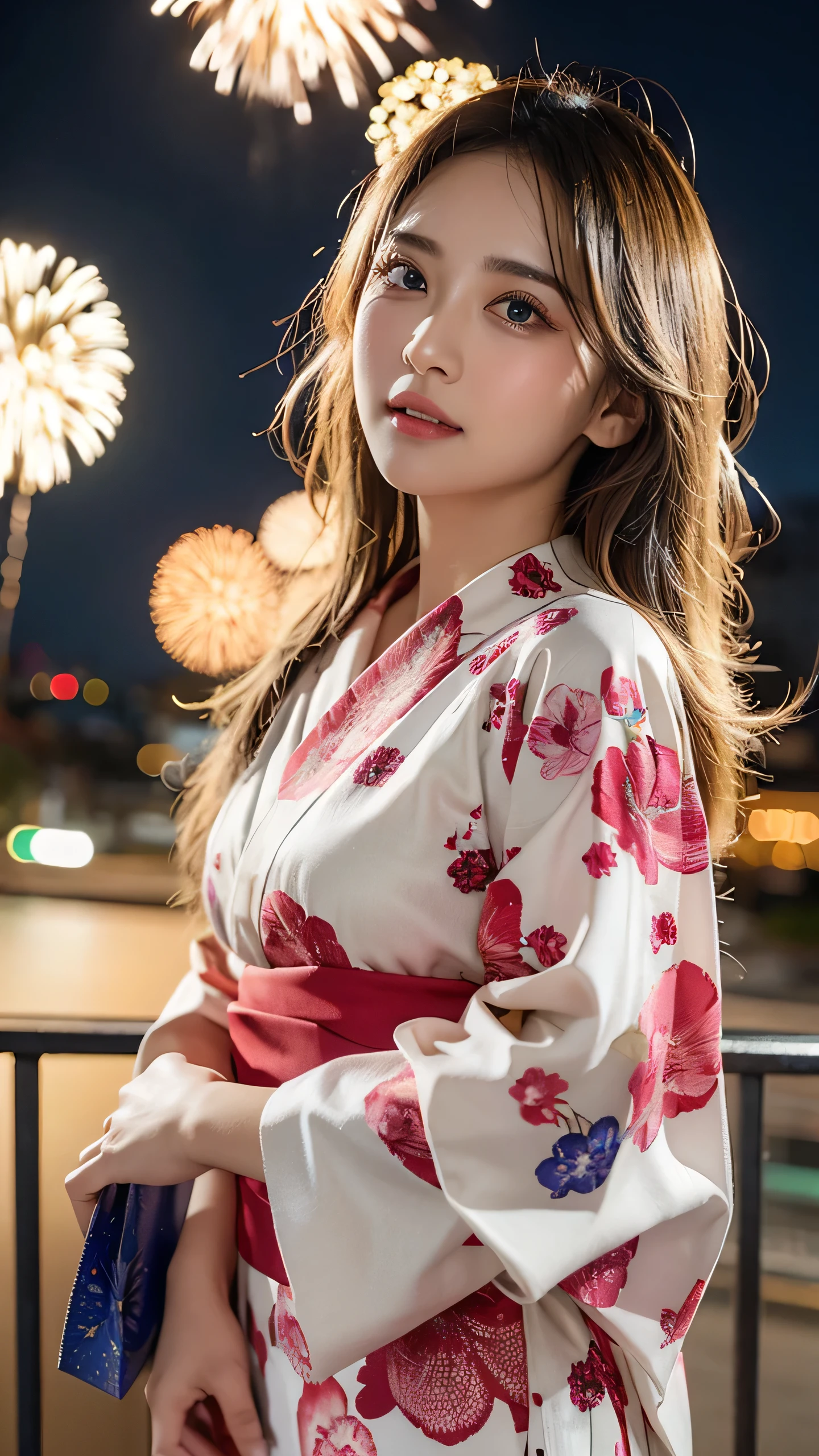 Highest quality, Finer details, (Beautiful single women))), Highly detailed eyes and face, firework, yukata, looking up at firework, Blonde medium length, Large tear bags, double eyelid