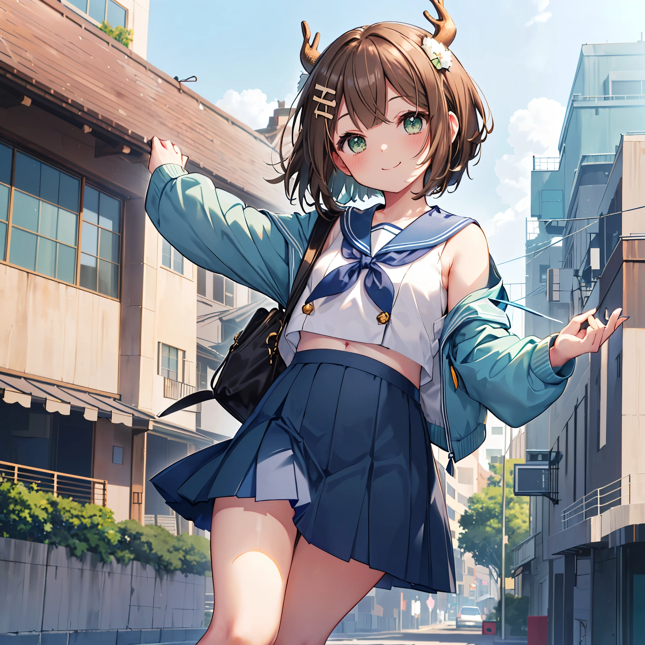 ((((Shikanoko Brown Hair、Short Bob Green Eyes smile)))) (((Blue Sailor Suit、Blue ribbon Navy Blue Skirt Deer horn、Pop anime (`・ω・´)))) ((In the city)) Shining Edges Shining Background