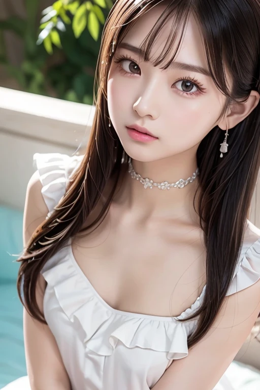 One girl, seen from the thighs up、Real***女性、cute、from side,((Small breasts))、(((Long white hair)))、((Completely naked))、((Frilled Summer Dress,side open)） And a very slim figure,,,,,、Very thin leganicules、Earrings、Pink Lip、choker、Real、Sexual、Highest quality、Detailed face、Detailed Background、Depth of written boundary、whole body viewing angle、Sexual、alone、night,Highest quality、High resolution、超High resolution（Real：1.4）Detailed eyes、Gradation、Perfect anatomical figure、Woman with perfect body、Highly detailed skin、非常にDetailed face、Beautiful eyes in every detail、Background Blur