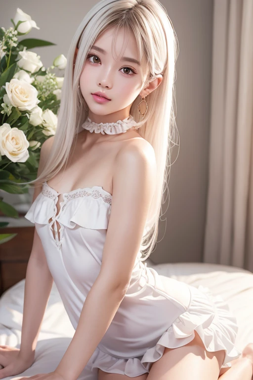One girl, seen from the thighs up、Real17歳女性、cute、from side,((Small breasts))、(((Long white hair)))、((Completely naked))、((Frilled Summer Dress,side open)) And a very slim figure,,,,,、Very thin leganicules、Earrings、Pink Lip、choker、Real、Sexual、Highest quality、Detailed face、Detailed Background、Depth of written boundary、whole body viewing angle、Sexual、alone、night,Highest quality、High resolution、超High resolution(Real:1.4)Detailed eyes、Gradation、Perfect anatomical figure、Woman with perfect body、Highly detailed skin、非常にDetailed face、Beautiful eyes in every detail、Background Blur
