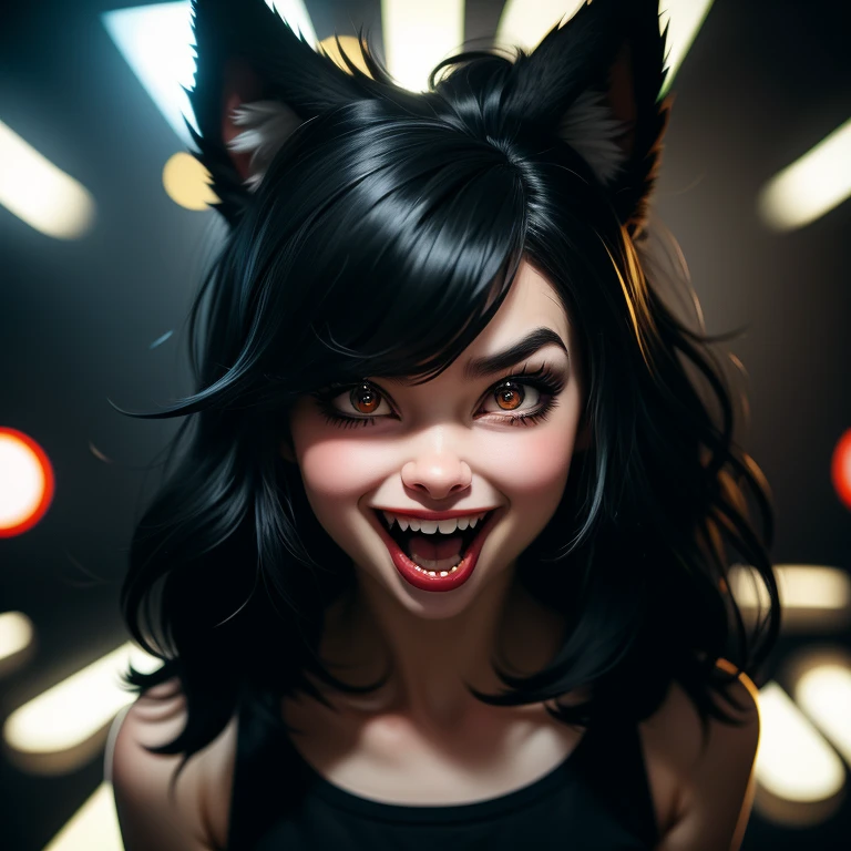 cheeky playful wolf girl with black hair, comical expression, squinted eyes, Developing hair, cartoon style, Exaggerated traits, humorous pose, Unusual details, speech bubble with ❤, funny background elements, dynamic composition, Bold contours, expressive mouth, raised eyebrows, high-quality digital art, Quirky atmosphere