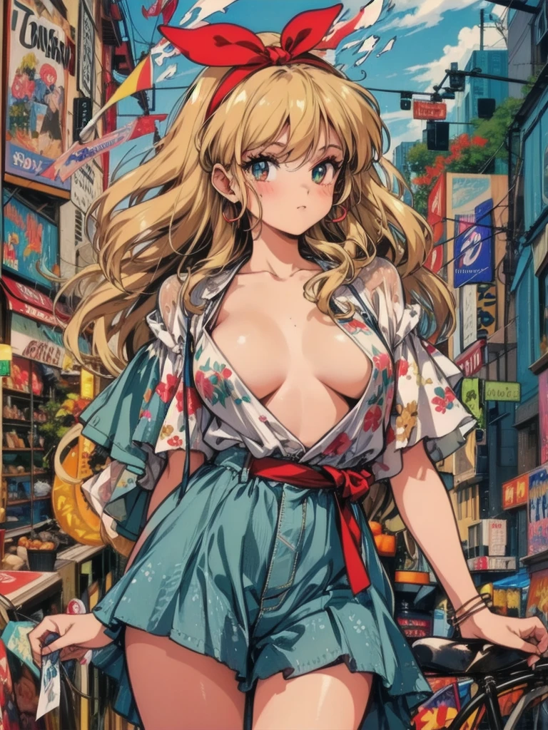 (RED Ribbon on HAIRband:1.2),(80's, retro, city pop poster:1.5), (album cover), (masterpiece, best quality), (anime, illustration),
best photo pose, dynamic angle, cowboy shot,
girl, solo, 80 anime style, 19 year old Russian girl, blonde girl, shoulder height hair, Bangs, Smoking a cigarette, Wearing a white button-down shirt, short sleeves , and a red skirt, Warzone, Green eyes, large breasts, wide hips, perfect detail eyes, delicate face, RED eyes, blonde hair, hoshimiya ichigo