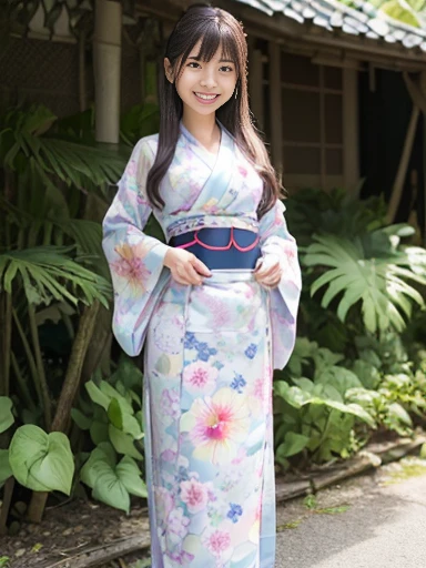 Japanese female, (underweight), (flat chest best quality:1.5), (cheerful grin:1.5),
cloud forest, standing, long hair, (kimono), (calm atmosphere), (chill atmosphere), full body shot, ground-level shot