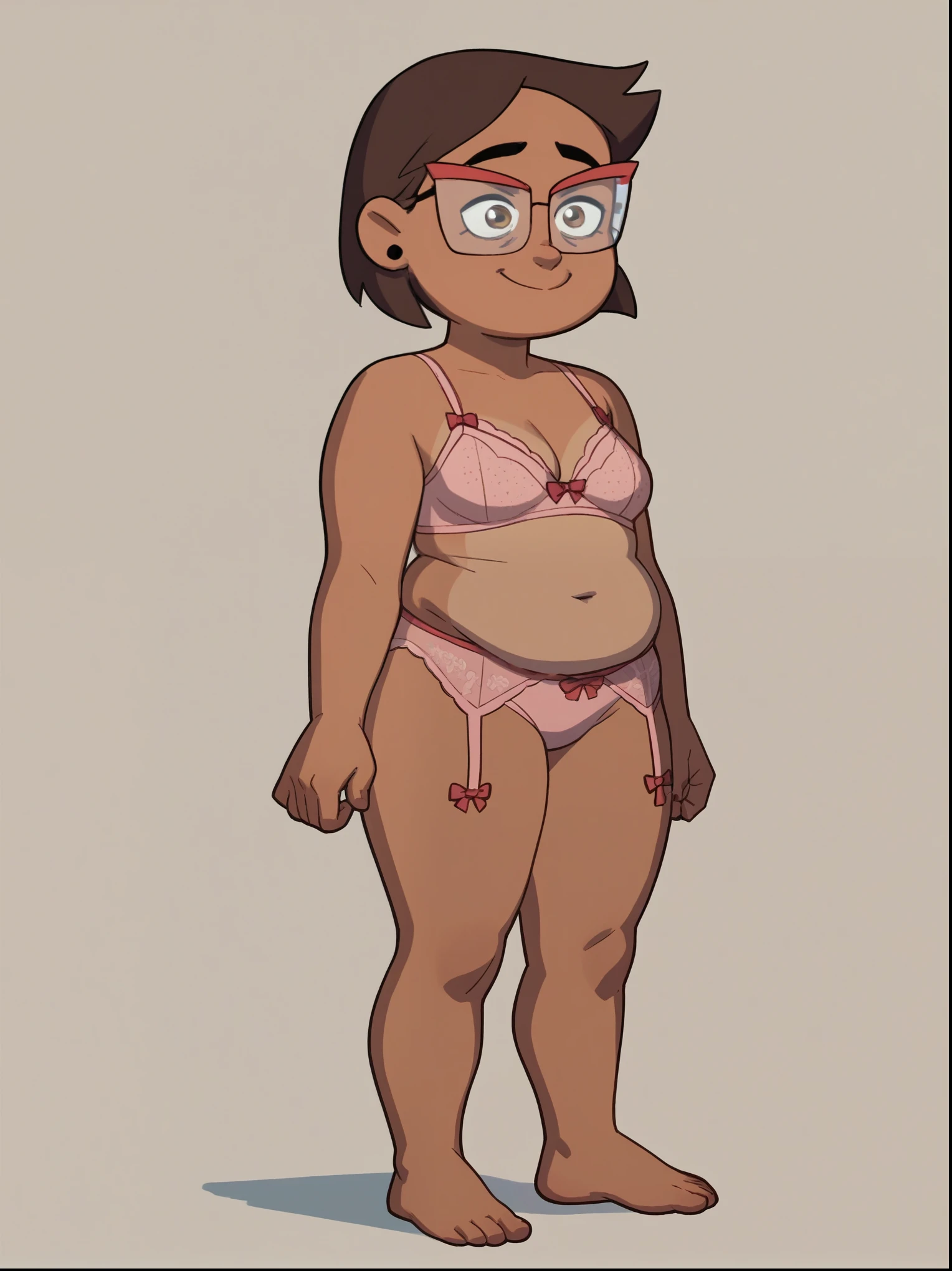 Camila, 1girl, solo, brown hair, glasses, earrings,smile, , short hair, brown eyes,full body,sexy pink lingerie,chubby body