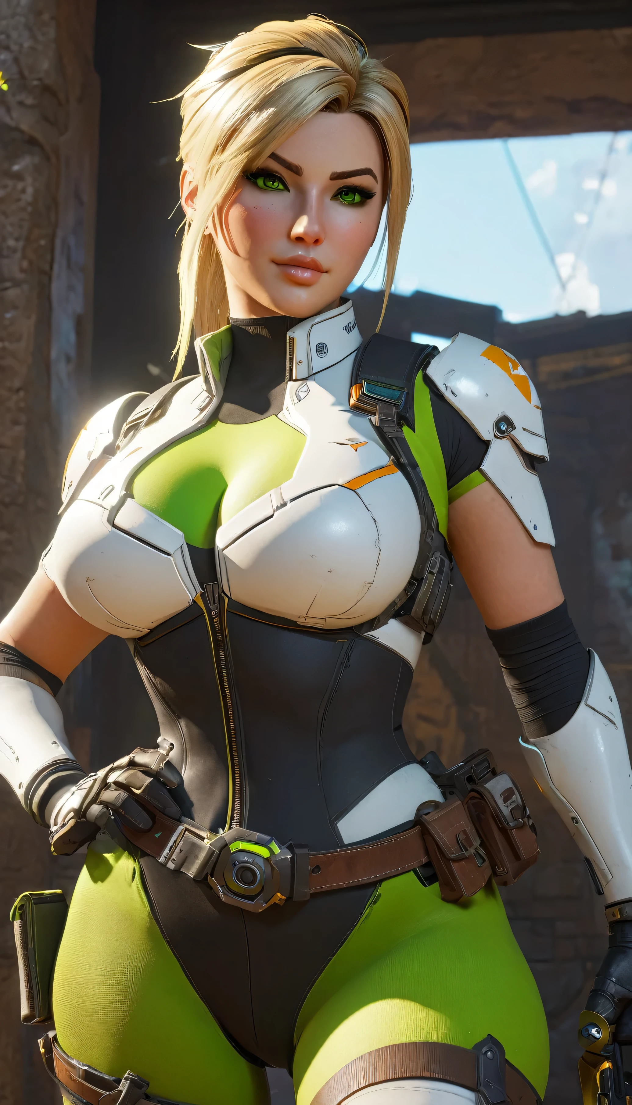 Highest quality, masterpiece, Eye Reflexes, Highest quality, masterpiece, mercy Eye Reflexes, alone, A perfectly sculpted body, blonde,Overwatch Mercy Style Hairstyle, Green Eyes, Two Arms, Tomb Raider style neckline clothing, Practical belt, alone, command room, 8k, masterpiece, High resolution, Absurd, Natural volumetric lighting and great shadows, Deep writing depth, Sharp focus, Mischievous face, very delicious, Incredibly large breasts, Warhammer 40K elements, Ultra-detailed landscapes, goddess  , Sensual appearance, Curvy Model, とてもPlump body, Sensual body, Plus Size Women, Attractive plus size model,Thick waist、Plump body