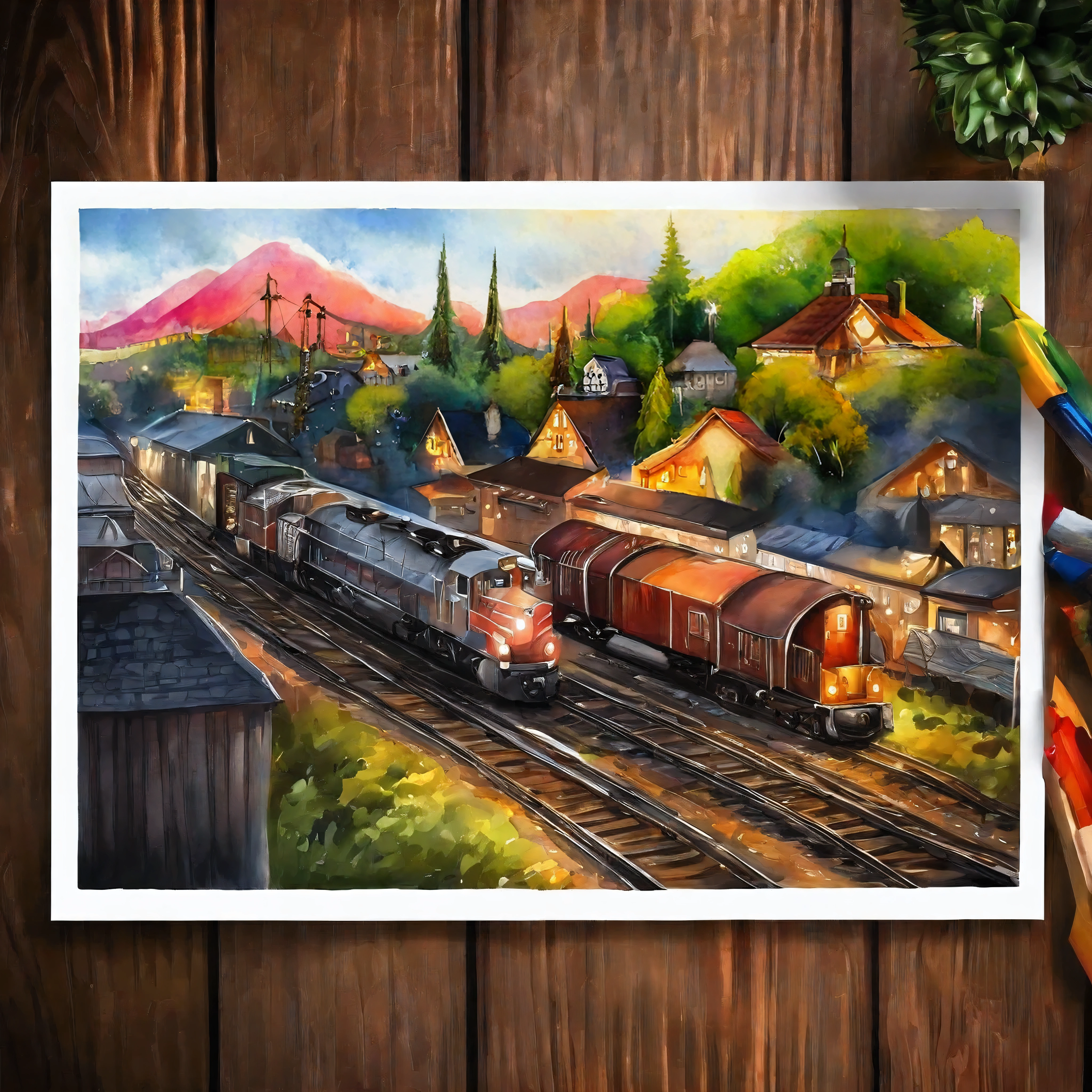 day time, holiday town, watercolor style, painting