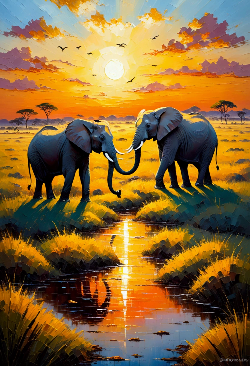 Painting made with oil paint and palette knife。In the savanna at sunset、There are elephants。