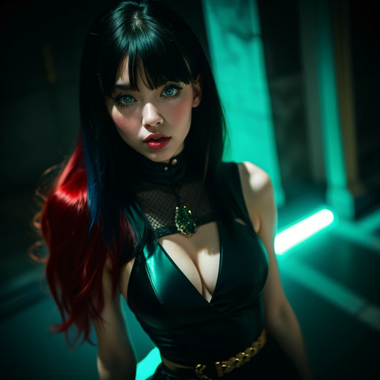 Sexy girl with, furry, marble dress, black hair, red hair, green hair, long hair, poisonous blue eyes, Dutch angle, low angle, free pose