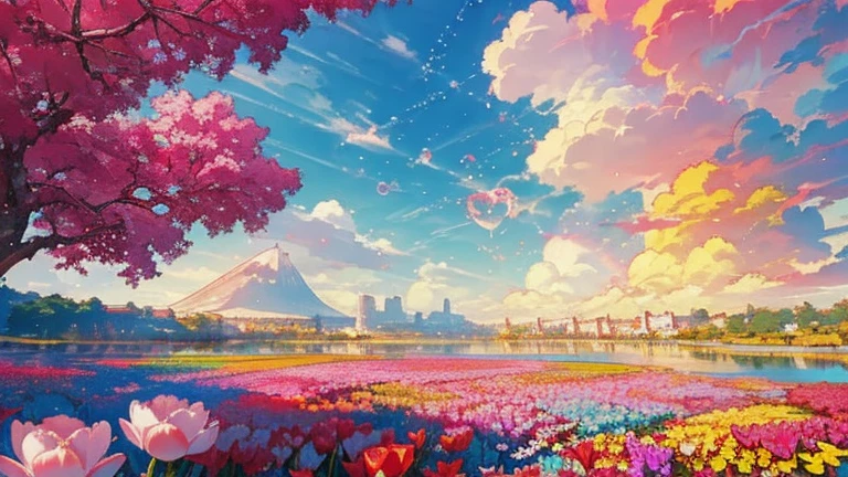 Sea view, Colorful anime movie background, Floating bubbles, escaping air bubbles, Anime Background art, Dreamy psychedelic anime, Beautiful anime scene, Beautiful anime scenery, Anime Background, sunny, sunny day, Lots of tulips