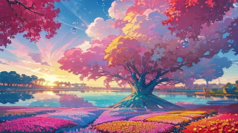 Sea view, Colorful anime movie background, Floating bubbles, escaping air bubbles, Anime Background art, Dreamy psychedelic anime, Beautiful anime scene, Beautiful anime scenery, Anime Background, sunny, sunny day, Lots of tulips