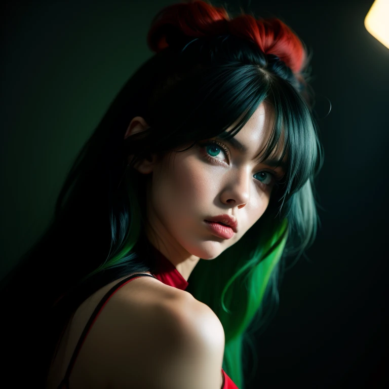 Sexy girl with, furry, marble dress, black hair, red hair, green hair, long hair, poisonous blue eyes, Dutch angle, low angle, free pose