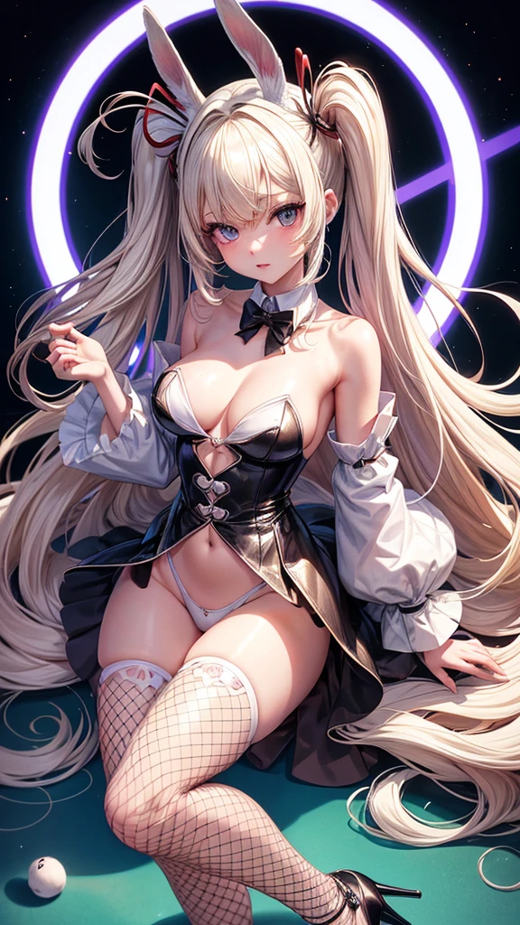 ((Best Quality)), (ultra-detailliert), ((Extremely detailed)), (Beautiful), ((Kawaii Girl)),(two side up hair)、((masutepiece)), ((Platinum Blonde Hair)), Long hair, hair between eye, Wavy Hair, Long sideburns, Jade-colored eyes, White skin,Colossal tits、Rabbit ears, Slender body, Playboy bunny, Fishnet tights, High heels , Casino, One Woman, Anime