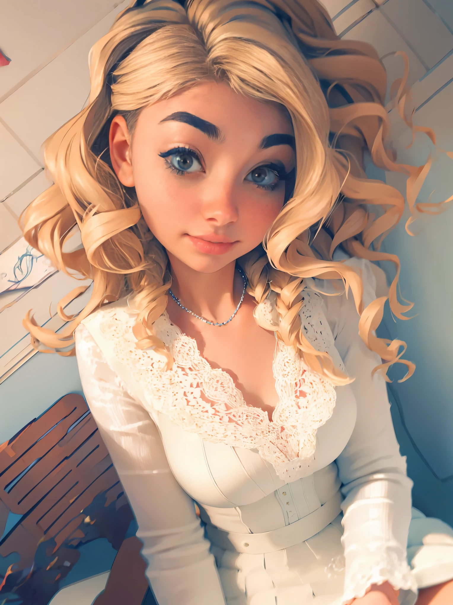 blond woman in white dress sitting in bed with a necklace on, a pastel inspired by Rosalie Emslie, tumblr, rococo, in style of petra collins, petra collins, imogen poots, ( ( emma lindstrom ) ), sydney sweeney, natalia dyer, betty cooper, lofi girl aesthetic, imogen poots as holy paladin