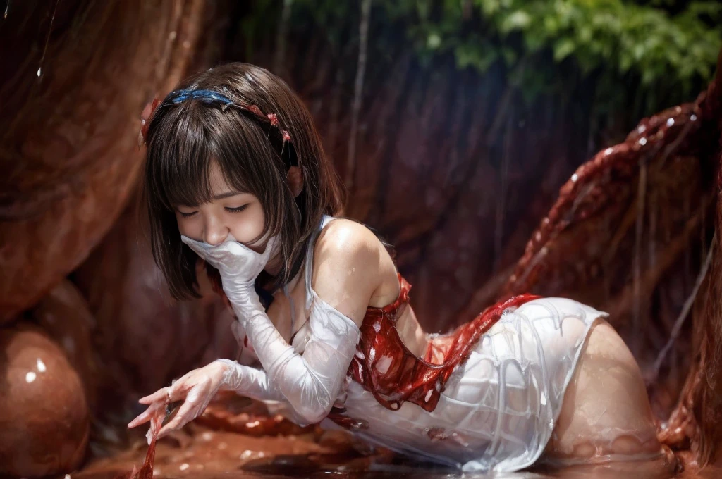 tentacles raping chjld himeka (inside creature:1.4) of stinky saliva fluids, (stinky dress), wet girl, sitting, ((looking at the viewer)), wet skin, bukkake, anguished, bound by slimy tentacles, bdsm, vine, sitting in a mirror, she is resisting from cum shot, fetish, pussy juice stain, (she is hiding her mouth:1.5) inside creature, slimy ((wet skin)) dripping, (beautiful eyes), dried saliva, ((steaming)), depth of field, 1girl, solo