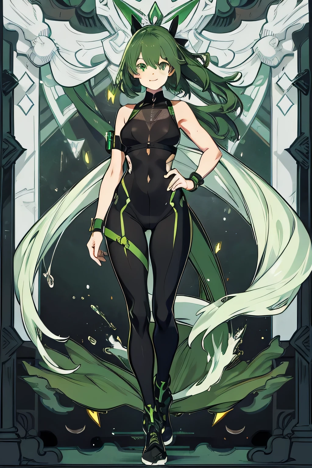 (one of a kind), (perfect face: 1.1), (attention to detail: 1.1), one of a kind, (healthy skin), anime, deformation, full body, white skin, dark green hair, light green tips, black catsuit, large ribbons at sides, green eyes, black tank top with shoulder straps, lace on upper arms, open mouth, smiling looking at camera, thin brush in hand, one of a kind, (healthy skin), anime, deformation, full body, white skin, dark green hair, light green tips, black catsuit, large ribbons at sides, green eyes, black tank top with shoulder straps, bare abdomen, lace on upper arms, plain cloth background, smiling with mouth open, smiling at camera eyes, thin brush in hand, plain background