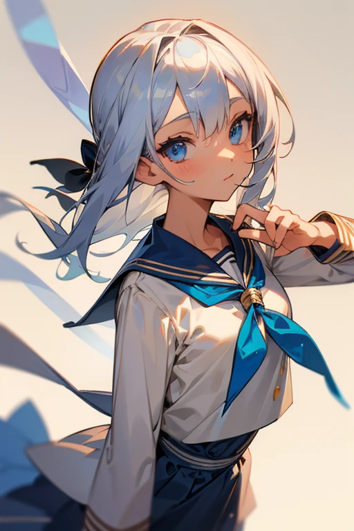 Silver Hair/long(Up to the waist)/Blue Eyes/Caramel-colored sailor suit/String ribbon/beautiful girl/High school junior