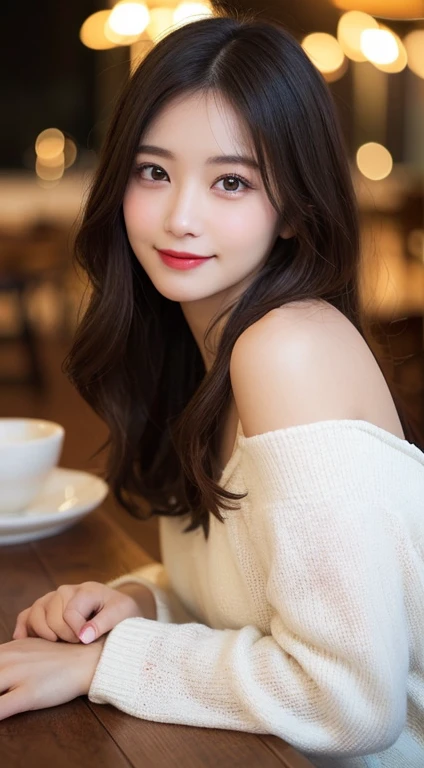 Tabletop, Highest quality, shape, Very detailed, finely, High resolution, 8k wallpaper, 完璧なダイナミックな構shape, Beautiful and detailed, Small breasts, Natural color lip, Random sexy poses,smile、20-year-old girl、Midnight、Beautiful and dense face、Perfect and beautiful face,Big eyes、Actual Photos(Best image quality),Lightweight off-the-shoulder dress(Long sleeve blouse)、looking at the camera、Please stand、Putting on gal makeup,Please take being cute seriously.