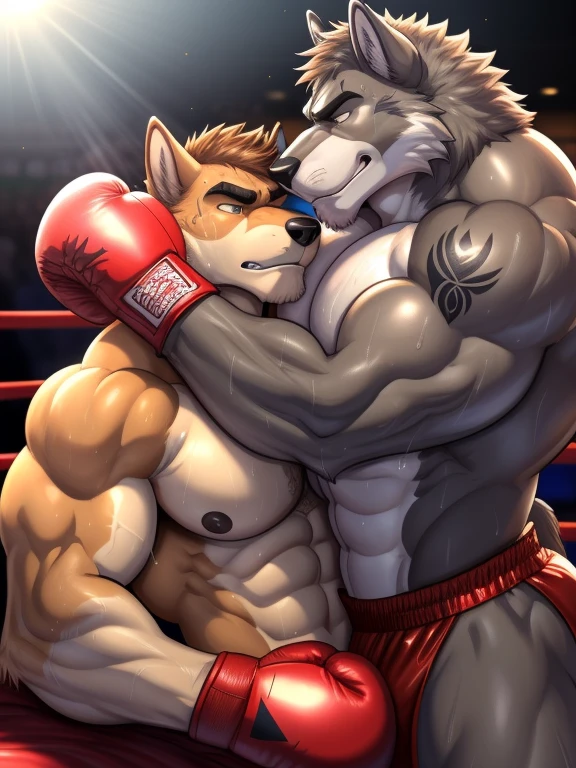 Duo male(Gray Wolf vs Brown Wolf, handsomes, handsome hairstyle, tails, Thick eyebrows, detailed face), gay(Lying down, cuddling embraced on his chest, on a bedroom match), hot(Shirtless), handsomes(They are handsomes, correct anatomy), musculosos(Big muscle bodies, Six packs, muscle abs, big pecs, muscle backs, muscle legs), sweaty(very sweaty wet bodies, shiny sweat), tatuajes(they have tattoos), grumpy(Both have an grumpy expression, grumpy teeths, steaming breath), boxing gloves(They both are wearing boxing gloves), boxing gear(They both are wearing boxing gear), Hight resolution, by(Zourik:1.1)