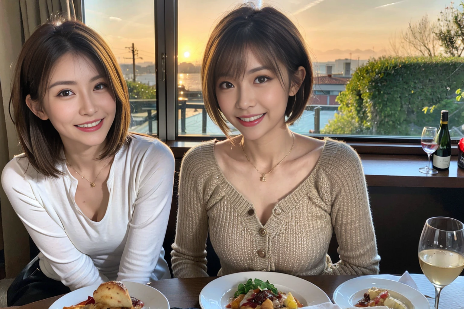 (Realistic:1.1),(masterpiece,Highest quality),8k,(55 years old), 53 years old, ベリーslimボディ、slimカップル、Tight waist,Upper Body,full-course dinner、wine 、Amazing view of the sunset sky and clouds、Perfect Anatomy, Brown Hair, short hair,Random Hairstyles,((Highly detailed face and eyes:1.2)),Perfect golden ratio face,Long sleeve shirt、dress,(smile:1.hortcuts、cute、(Realistic, Intricate details:1.2), A bright smile、short hair,Bright Face、赤wine 、Appetizers、Italian food、wine bottle、Champagne、スパークリングwine、(slimな顔), (The body is slim), (Brown Hair), (Shortcuts), Upper Body, 白wine, slim, wineグラス,