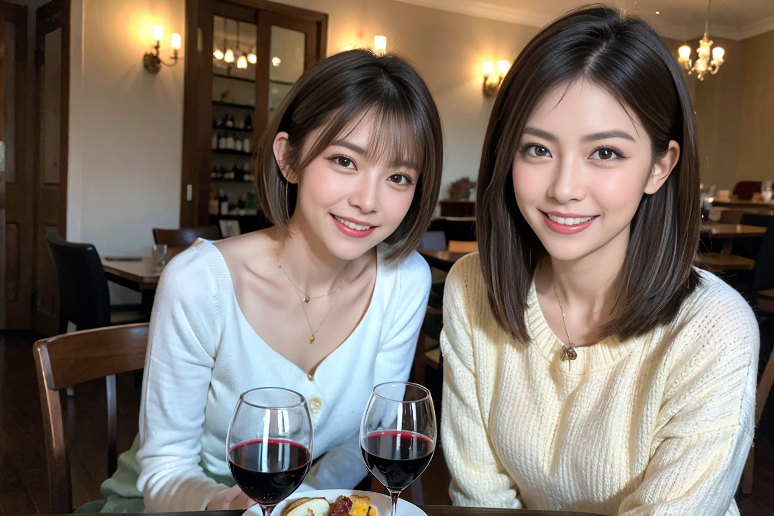（Realistic:1.1）,(masterpiece,Highest quality)，8k,(55 years old), 53 years old, ベリーslimボディ、slimカップル、Tight waist,Upper Body,full-course dinner、wine 、Amazing view of the sunset sky and clouds、Perfect ???????, Brown Hair, short hair,Random Hairstyles,((Highly detailed face and eyes:1.2))，Perfect golden ratio face，Long sleeve shirt、dress,(smile:1.2)、Shortcuts、cute、(Realistic, Intricate details:1.2), A bright smile、short hair,Bright Face、赤wine 、Appetizers、Italian food、wine bottle、Champagne、スパークリングwine、(slimな顔), (The body is slim), (Brown Hair), (Shortcuts),  Upper Body, 白wine, slim, wineグラス, 
