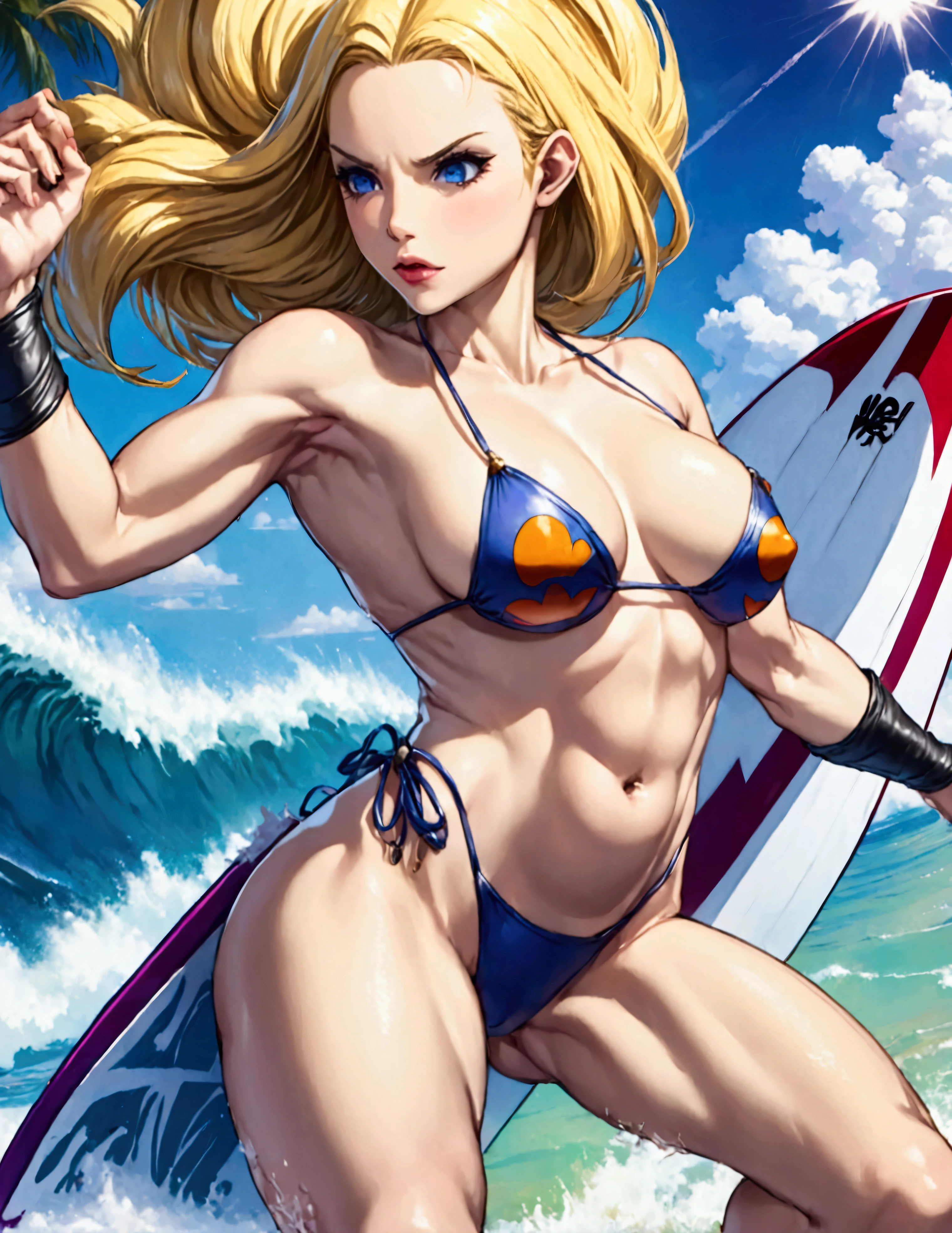 (riding a surfboard)a woman(DBZ Android 18) with blonde hair wearing a sexy bikini, intense gaze, channeling power, riding a surfboard surfing a big wave, highly detailed, hyper realistic, 8k, photorealistic, masterpiece, dramatic lighting, vibrant colors, dynamic composition, intricate details, cinematic, epic scale, powerful energy, dragon ball z inspired (show her entire body, show all of her)