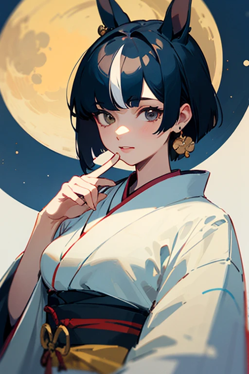 ((Highest quality)), ((masterpiece)), (detailed), One girl, horse-like ears Sun and moon earrings on the right ear Black hair with white in the middle Medium Bob Small breasts kimono Japanese clothing kimono Japanese style Hair is white only in the center Monocle on right eye Horse tail