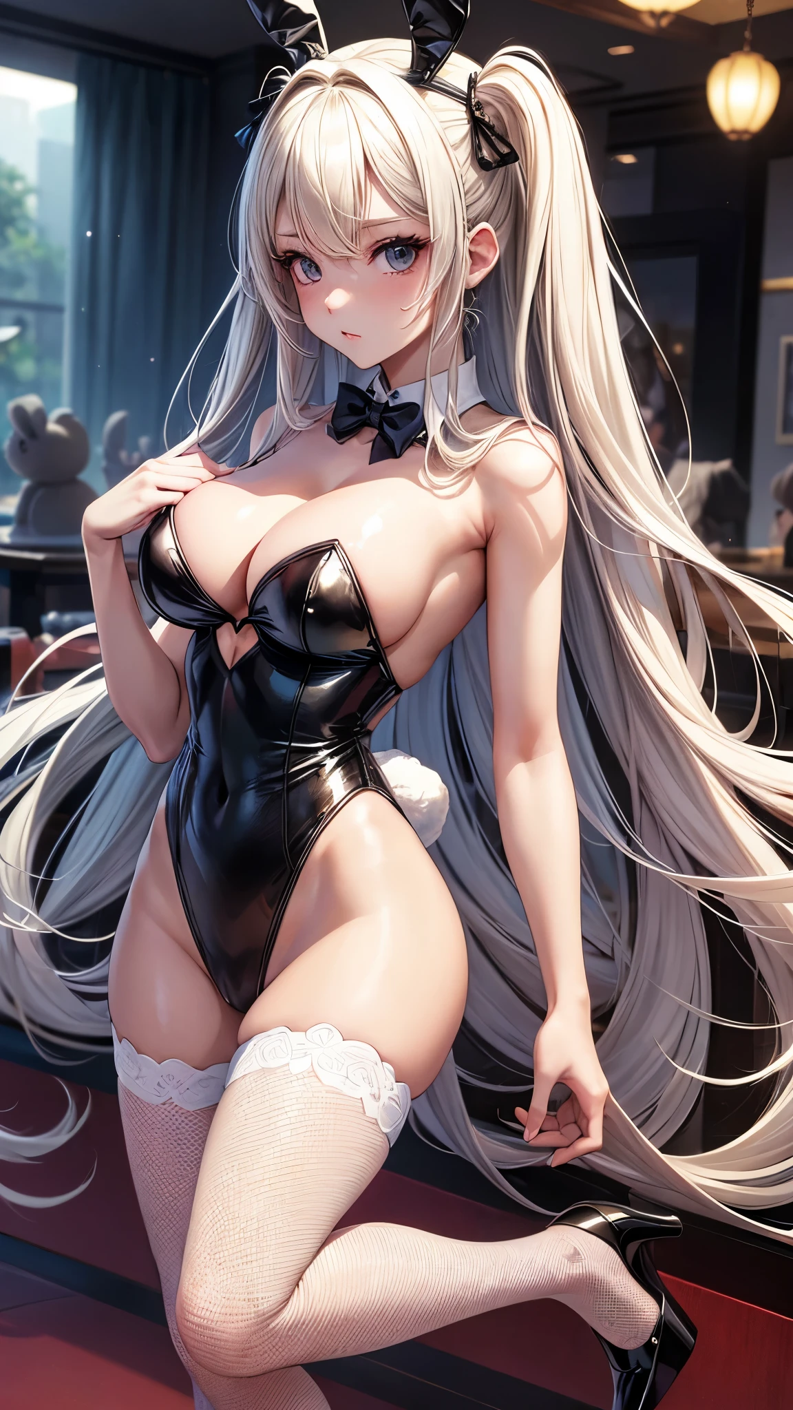 ((Best Quality)), (ultra-detailliert), ((Extremely detailed)), (Beautiful), ((Kawaii Girl)),(two side up hair)、((masutepiece)), ((Platinum Blonde Hair)), Long hair, hair between eye, Wavy Hair, Long sideburns, Jade-colored eyes, White skin,Colossal tits、Rabbit ears, Slender body, Playboy bunny, Fishnet tights, High heels , Casino, One Woman, Anime