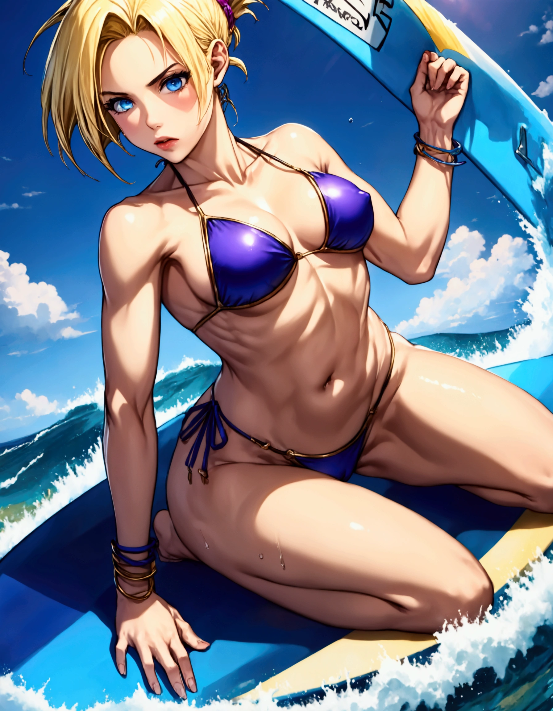 (riding a surfboard)a woman(DBZ Android 18) with blonde hair wearing a sexy bikini, intense gaze, channeling power, riding a surfboard surfing a big wave, highly detailed, hyper realistic, 8k, photorealistic, masterpiece, dramatic lighting, vibrant colors, dynamic composition, intricate details, cinematic, epic scale, powerful energy, dragon ball z inspired (show her entire body, show all of her)
