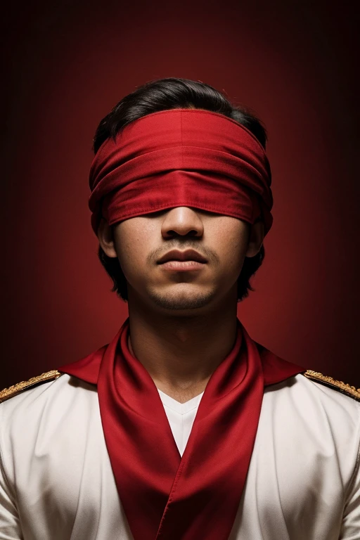 ((8k quality)), ((masterpiece)), (for Facebook profile,, Dictator), A boy blindfolded with red cloth,, 