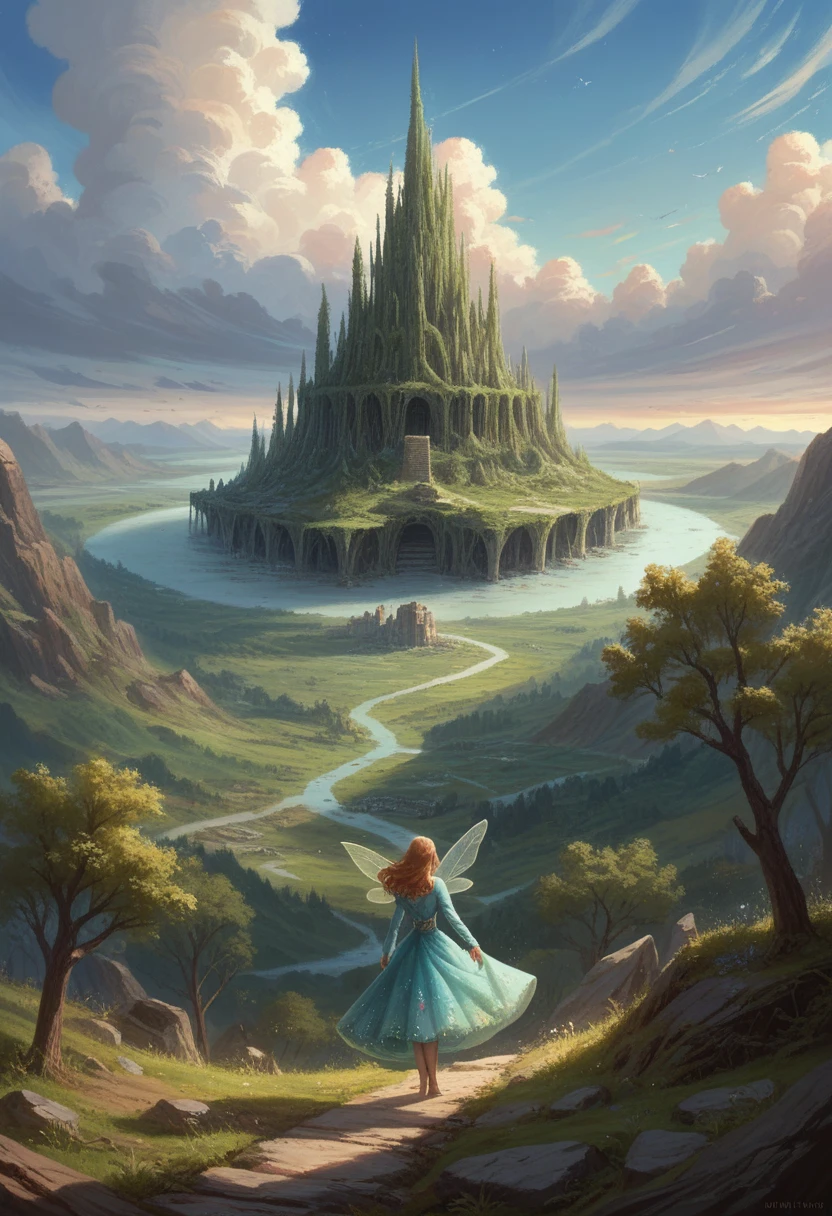 Beautiful fair woman, view from back , glittery fairy dress with long sleeves cloud, day, sky,on open air, post apocalypse, ruin, landscape, tree, water,