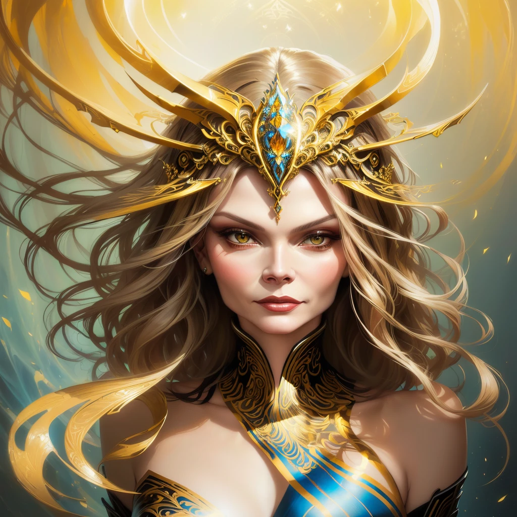 a painting of ((michelle Pfeiffer)) woman with a golden headpiece and a blue background, beautiful gorgeous digital art, karol bak uhd, gorgeous digital art, dreamy art, beautiful digital art, exquisite digital illustration, a beautiful artwork illustration, style of karol bak, expressive beautiful painting, beautiful digital artwork, intricate oil painting artwork, by Karol Bak, hauntingly beautiful art